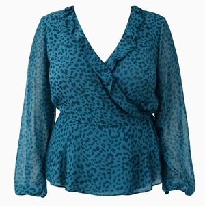 Mi Ami 2X Animal print teal wrap blouse
